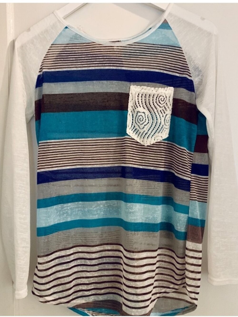 NWOT Blue Striped Crochet Pocket Baseball Tee
